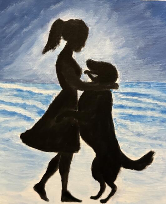 Girl and dog under night sky 