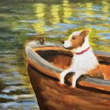 Dog sat in a boat. 