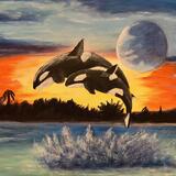 Orcas jumping out the water at night. 