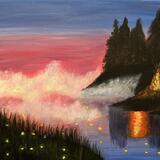 Misty night with a campfire and fireflies 