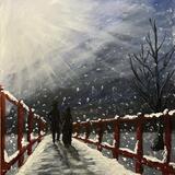 Couple walking in the snow at night