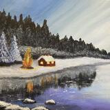 Snow scene cabin with campfire 