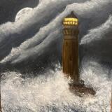 Lighthouse at sea with part of the moon 