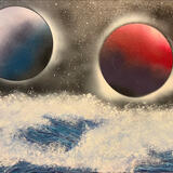 Planets and huge crashing wave 