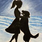 Girl and dog under night sky 