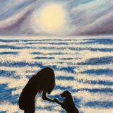 Dog and girl in the moonlight 