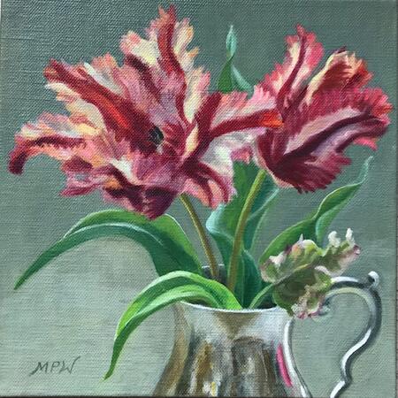Parrot tulips in silver jug