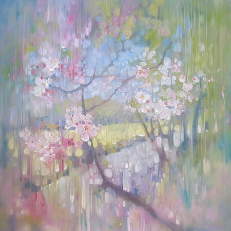 April Shimmers is a semi abstract springtime inspired landscape painting of apple blossom trees by a river