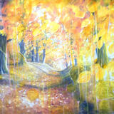 The Autumn Portal is a large otherworldly oil painting of an autumn forest path 