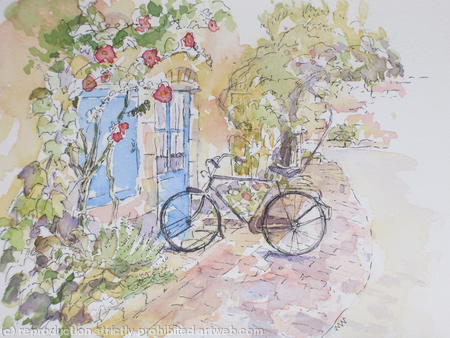 Hollyhocks and Bicycle, France