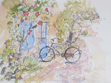 Hollyhocks and Bicycle, France