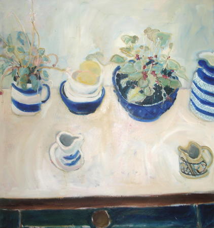 Blue bowls, jugs and cyclamen