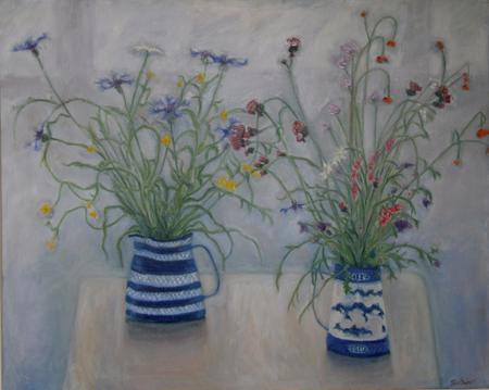 two jugs and cornflowers