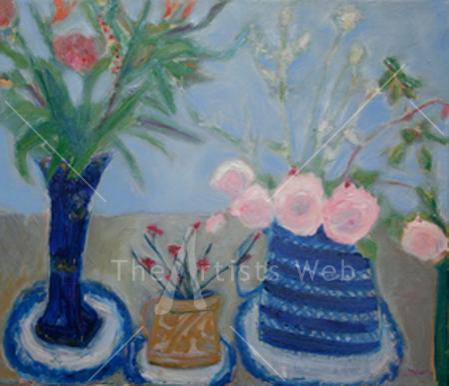 Pink roses, brown jug