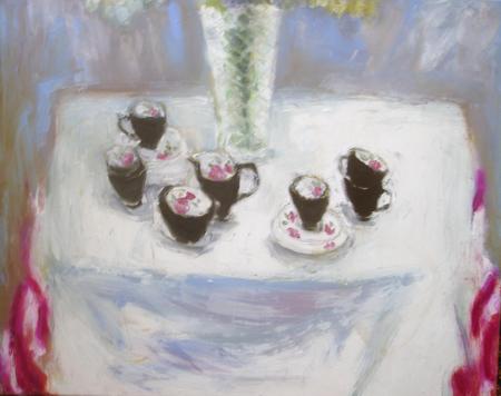 Joan's vase,  cups and tablecloth