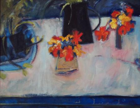 Blue, Black Jug, Nasturtiums
