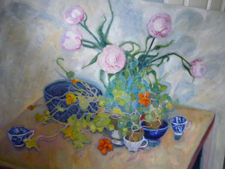 peonies, nasturtiums, blue bowl and cups