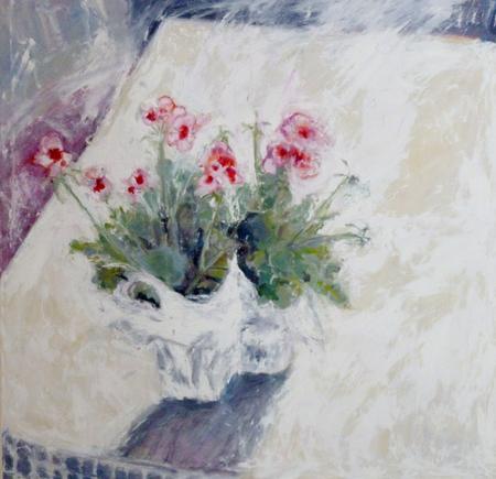 Pink geraniums, white bags