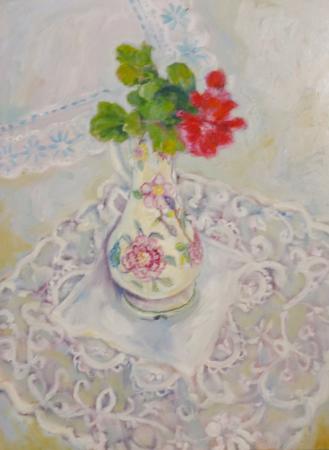 Geranium, lace cloth