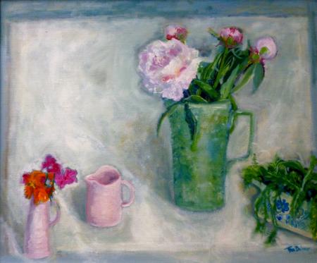 Peonies, pink jugs ans geraniums