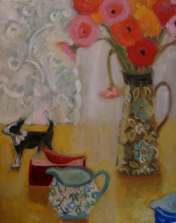 Gerberas,doulton jug, dog 