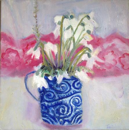 Blue mug, snowdrops