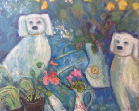 Staffordshire dogs, yellow roses