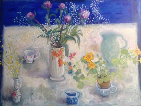 Peonies, nasturtiums , blue