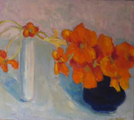 Nasturtiums, blue jug, white vase