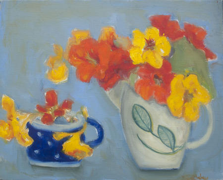 Two jugs, nasturtiums