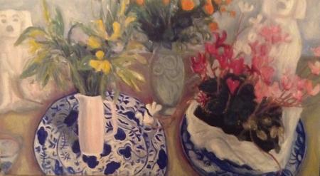 Two dogs, Cyclamen, Delft plates