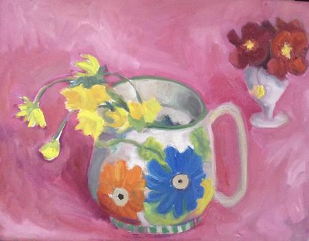 Jug, celandines, primulas , pink