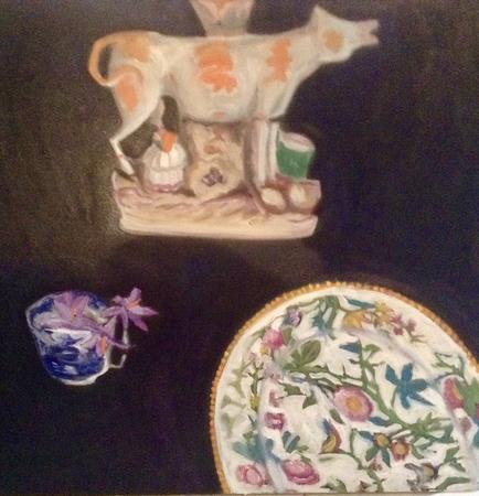 Staffordshire  cow, plate, cup, crocus 