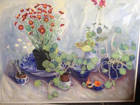 Nasturtiums, blue and white bowls and jugs