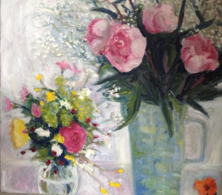 Garden flowers, peonies, nasturtium