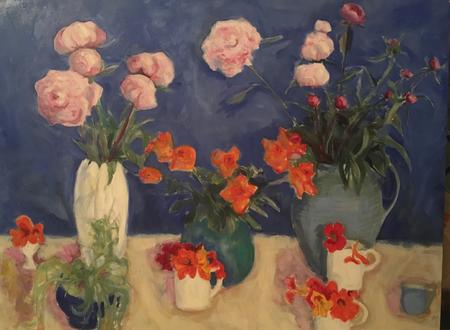 Blue, Peonies and Nasturtiums
