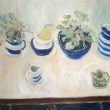 Blue bowls, jugs and cyclamen