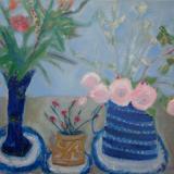 Pink roses, brown jug