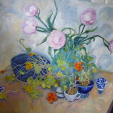peonies, nasturtiums, blue bowl and cups