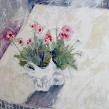 Pink geraniums, white bags