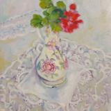 Geranium, lace cloth