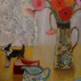 Gerberas,doulton jug, dog 