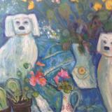 Staffordshire dogs, yellow roses