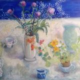 Peonies, nasturtiums , blue