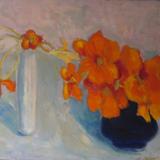 Nasturtiums, blue jug, white vase