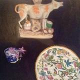 Staffordshire  cow, plate, cup, crocus 