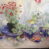 Nasturtiums, blue and white bowls and jugs