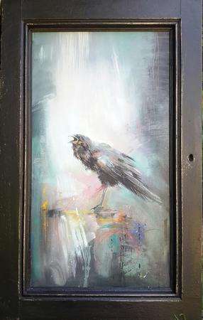 Raven on graffiti,  through window 