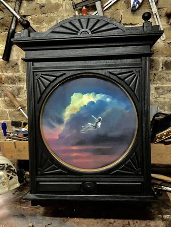 Space time unusual oil painting painted in antique clock case 