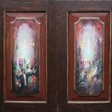 Beyond the curtains  painted on antique wooden panels